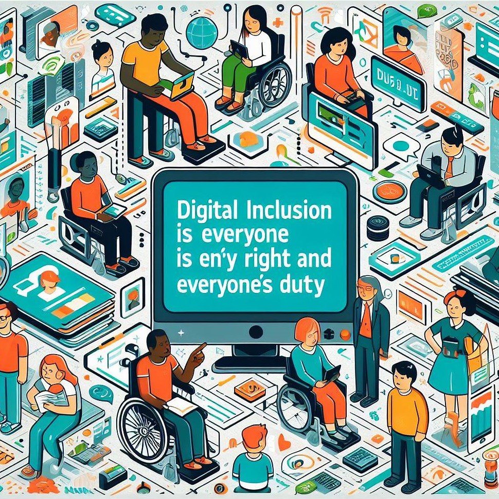 Imagem mostrando várias pessoas com deficiencia ou não interligadas pela internet